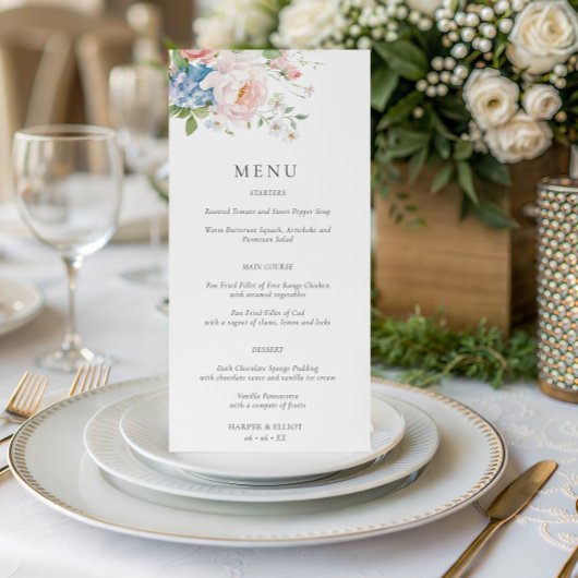 Pastel Roze & Blauwe Bloem lente bruiloftsmenu Menu