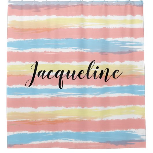 Pastel Roze Blauwe Gele Stripes NAAM Douchegordijn (Voorkant)