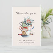 Pastel Roze Blauwe Gestapelde Kopjes Bloem Thee Fe Bedankkaart (Staand voorkant)