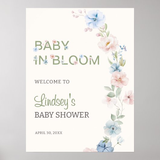 Pastel Roze Blauwe Lente Baby in Bloom Baby shower Poster (Voorkant)