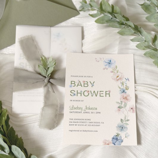 Pastel Roze Blauwe Lente Bloemen Baby shower Kaart