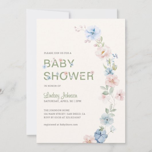 Pastel Roze Blauwe Lente Bloemen Baby shower Kaart (Voorkant)
