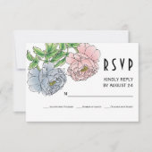 Pastel roze, blauwe pioen bloemen bruiloft RSVP (Voorkant)