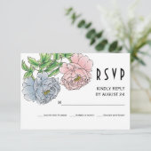 Pastel roze, blauwe pioen bloemen bruiloft RSVP (Staand voorkant)