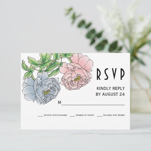 Pastel roze, blauwe pioen bloemen bruiloft RSVP (Staand voorkant)
