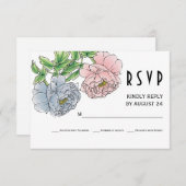 Pastel roze, blauwe pioen bloemen bruiloft RSVP (Voorkant / Achterkant)