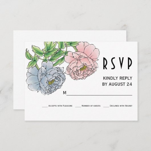 Pastel roze, blauwe pioen bloemen bruiloft RSVP (Voorkant / Achterkant)