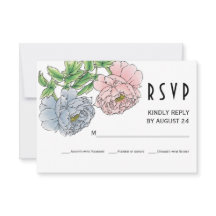 Pastel roze, blauwe pioen bloemen bruiloft RSVP