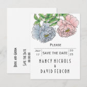 Pastel roze, blauwe pioenrozen bruiloft Save the D Aankondigingskaart (Voorkant / Achterkant)