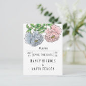 Pastel roze, blauwe pioenrozen bruiloft Save the D Aankondigingskaart (Staand voorkant)