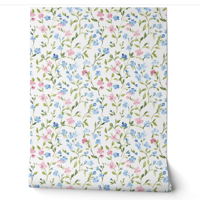 Pastel Roze Blauwe Wilde Bloem Patroon Behang (Afrollen)