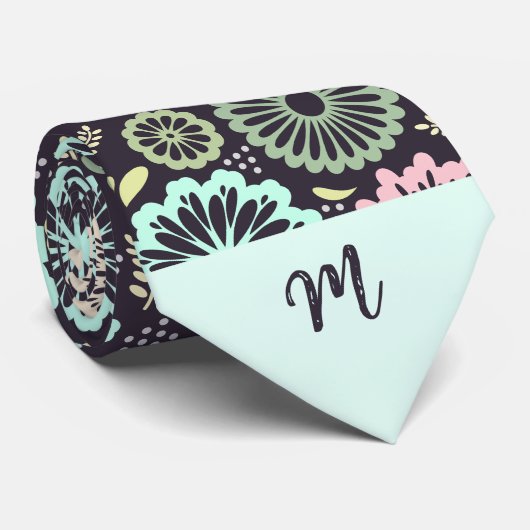 Pastel roze blauwgroen bloem  Bloemen Monogram dd Stropdas (Opgerold)