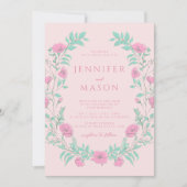 Pastel roze blauwgroen groen bloemenbohemian bruil kaart (Voorkant)