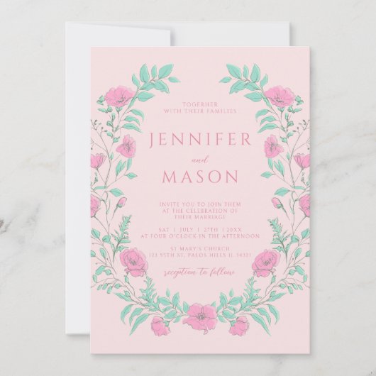 Pastel roze blauwgroen groen bloemenbohemian bruil kaart (Voorkant)