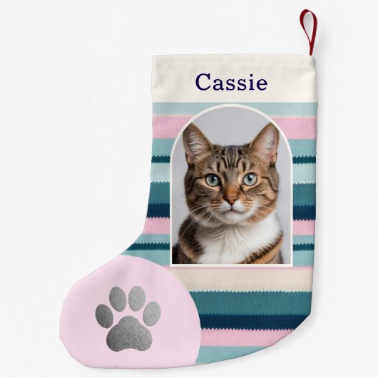 Pastel Roze Blauwgroen Huisdier Kat Poot Print Cus Kleine Kerstsok (Achterkant)