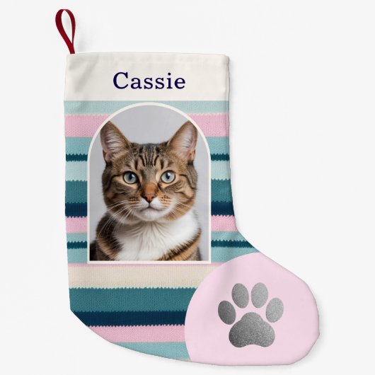 Pastel Roze Blauwgroen Huisdier Kat Poot Print Cus Kleine Kerstsok (Voorkant)