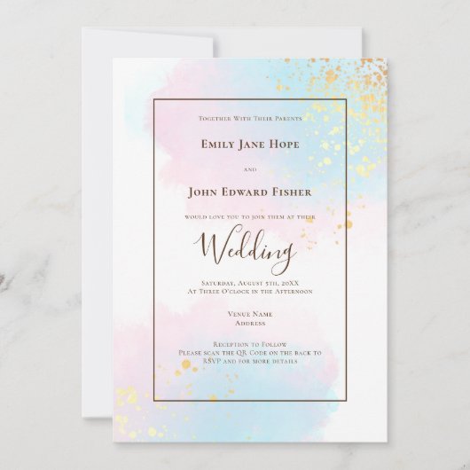 Pastel Roze Blauwgroen Waterverf Gold QR Code Wedd Kaart (Voorkant)