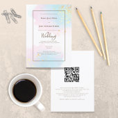 Pastel Roze Blauwgroen Waterverf Gold QR Code Wedd Kaart