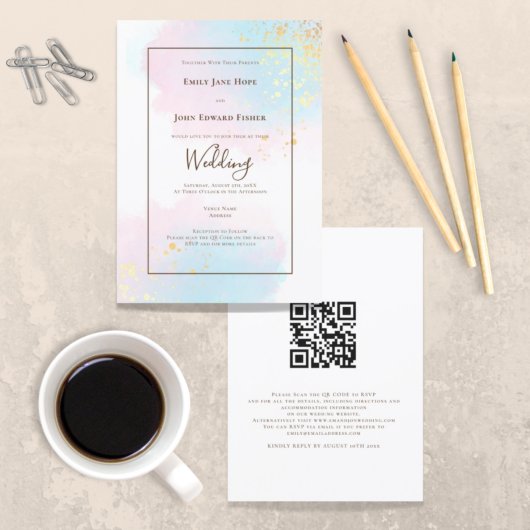 Pastel Roze Blauwgroen Waterverf Gold QR Code Wedd Kaart