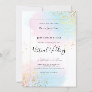 Pastel Roze Blauwgroen Waterverf Gold Virtual Wedd Kaart