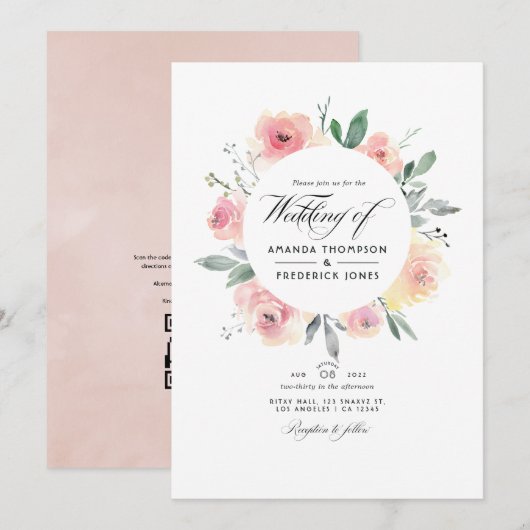 Pastel Roze Bloem QR Code RSVP Trouwen Kaart (Voorkant / Achterkant)