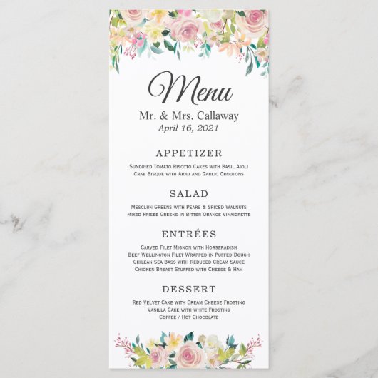 Pastel Roze Bloemachtig Trouwmenu Menu (Voorkant)