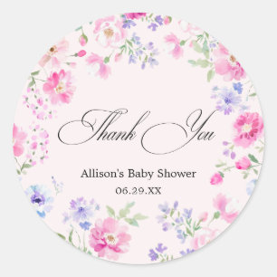 Pastel Roze Bloemachtige Baby Shower Dank Je Ronde Sticker
