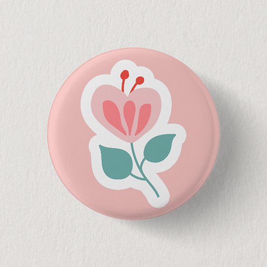 Pastel roze bloemblad met stengel ronde button 3,2 cm (Voorkant)