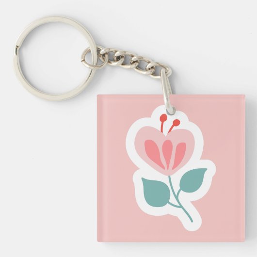Pastel roze bloemblad met stengel sleutelhanger (voorkant)