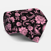 Pastel roze  bloemdamast op zwart stropdas (Opgerold)