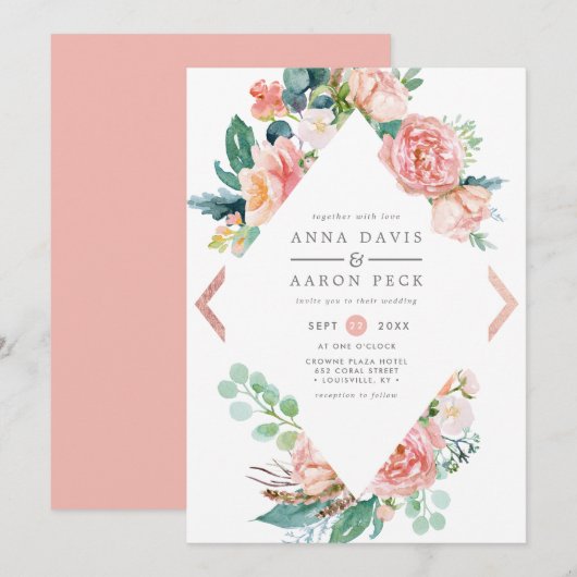 Pastel Roze Bloemen Diamant Lijst bruiloft Kaart (Voorkant / Achterkant)