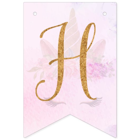 Pastel Roze  Bloemen Eenhoorn Verjaardagsfeest Vlaggetjes (Tweede vlag)