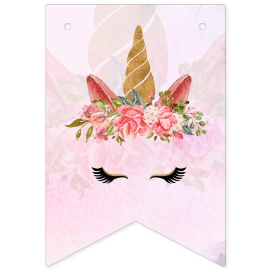 Pastel Roze  Bloemen Eenhoorn Verjaardagsfeest Vlaggetjes (Eerste vlag)