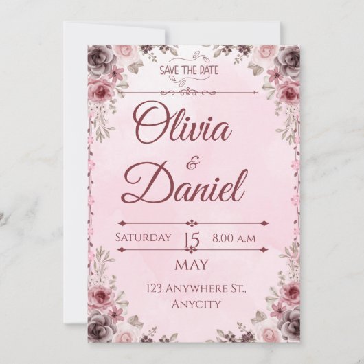 Pastel Roze Bloemen Elegante bruiloft Uitnodigings Kaart (Voorkant)