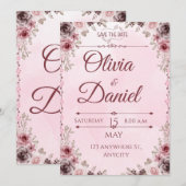 Pastel Roze Bloemen Elegante bruiloft Uitnodigings Kaart (Voorkant / Achterkant)