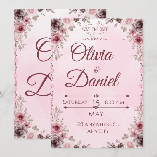 Pastel Roze Bloemen Elegante bruiloft Uitnodigings Kaart (Voorkant / Achterkant)