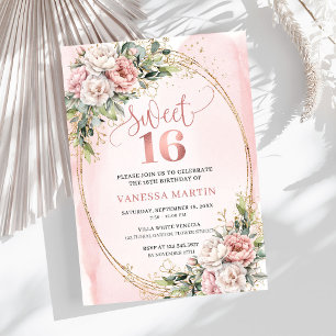 Pastel Roze Bloemen Groenelementen 16e Verjaardags Kaart