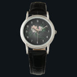 Pastel Roze Bloemen op Zwart Horloge<br><div class="desc">Een elegant horloge met een afbeelding van pastelroze bloemen met groene zwenkriemen en bladeren op een zwarte achtergrond. Het gloeiende licht omringt de bloemen die accentueren en verlichten.</div>