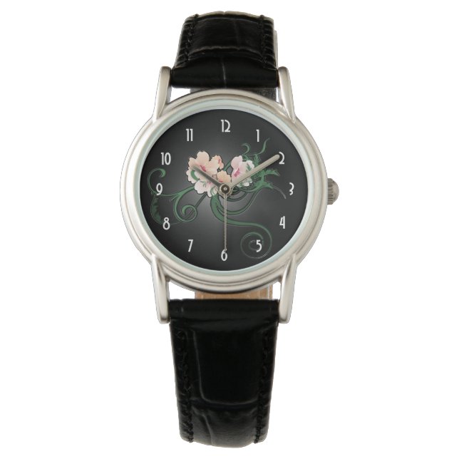  Pastel Roze Bloemen op Zwart Horloge (Voorkant)