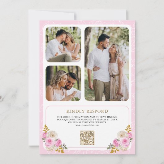 Pastel Roze Bloemen QR Code Foto Kreeft Huwelijk Kaart (Achterkant)