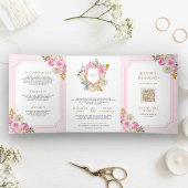 Pastel Roze Bloemen Rozen All in One Crest Wedding Drieluik Uitnodiging