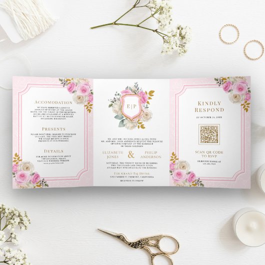 Pastel Roze Bloemen Rozen All in One Crest Wedding Drieluik Uitnodiging