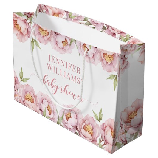 Pastel roze bloemenbaby meisje douche cadeau tasse groot cadeauzakje (Achterkant Gekanteld)