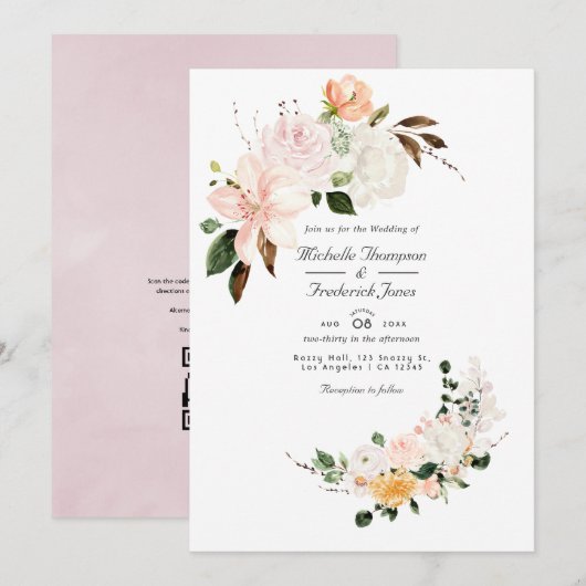 Pastel Roze Bloemencode QR Code RSVP Huwelijk Kaart (Voorkant / Achterkant)