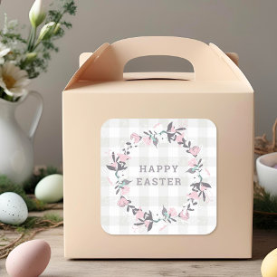 Pastel Roze Bloemenkrans Gelukkig Pasen Cadeau Vierkante Sticker