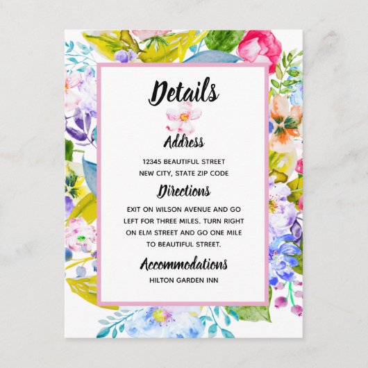 Pastel roze bloemenromantische bruiloft details informatiekaartje (Voorkant)