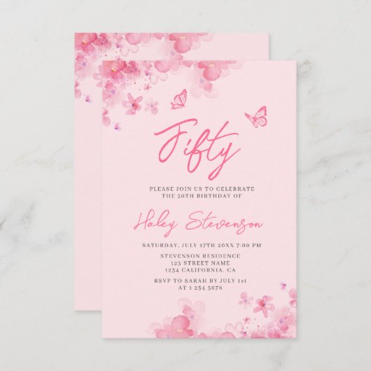 Pastel roze bloemenzacht waterverf 50e geboortedag kaart (Voorkant / Achterkant)