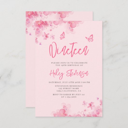 Pastel roze bloemenzachte waterverf 19e verjaardag kaart (Voorkant / Achterkant)