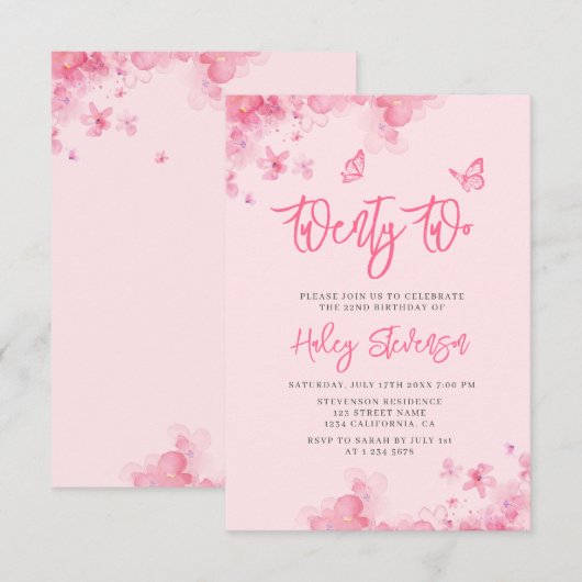 Pastel roze bloemenzachte waterverf 22e Verjaardag Kaart (Voorkant / Achterkant)