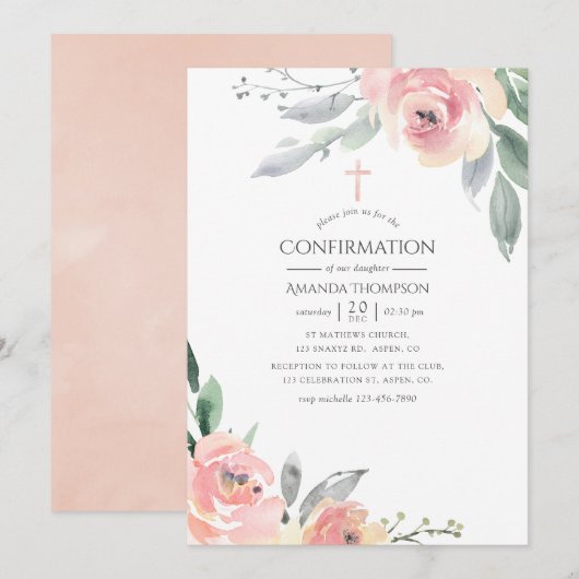 Pastel Roze Bloemige Confirmatie Kaart (Voorkant / Achterkant)